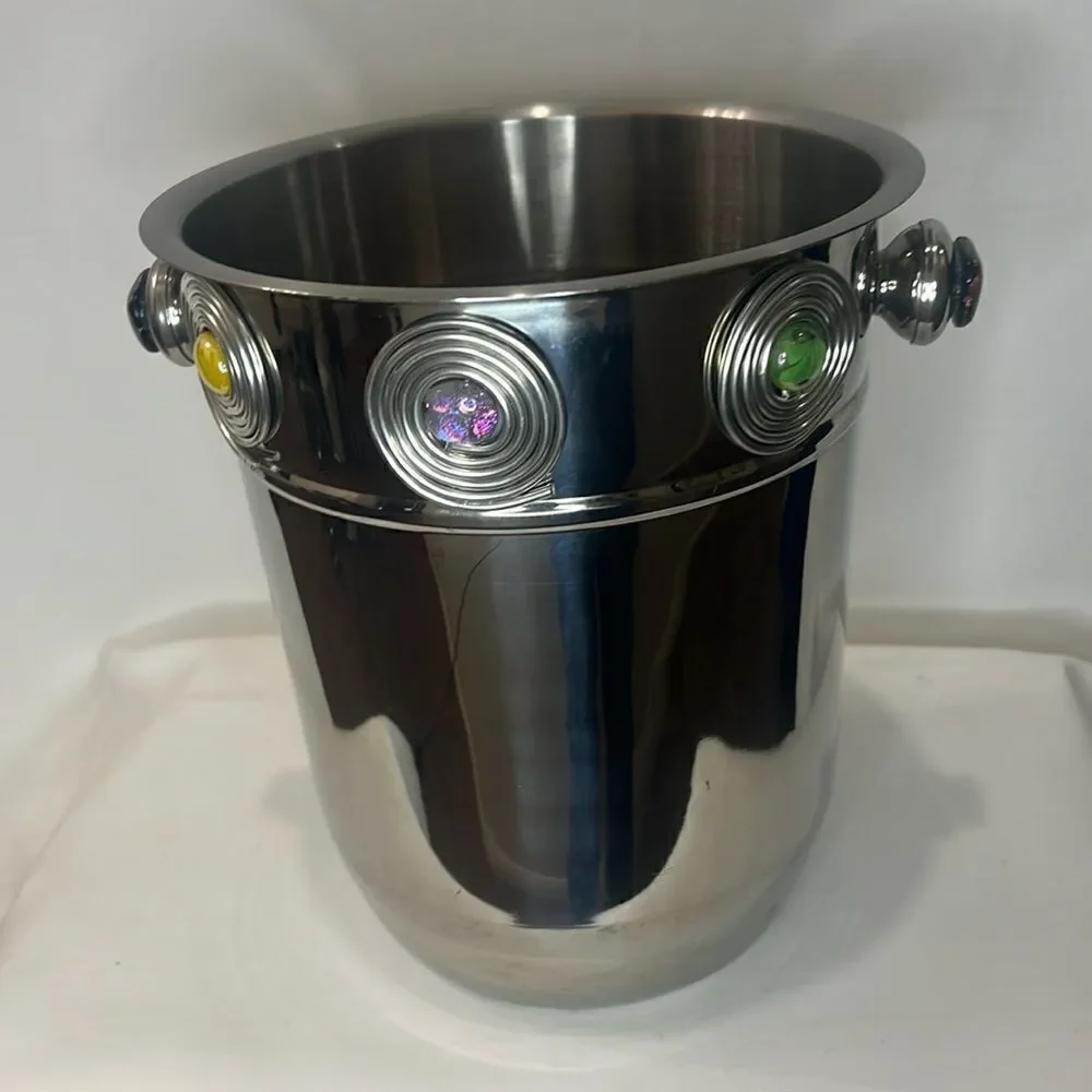 Wine Bucker Gem Adorned Silver Stainless Steel Large 10 In Tall 8 3/4 In Round